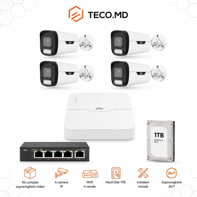 Set 4 camere Uniview 4MP cu NVR, HDD 1TB și montaj