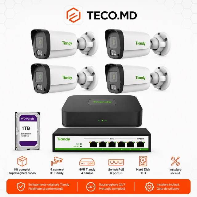 Set 4 camere Tiandy 2MP Tri-Light, NVR și HDD 1TB