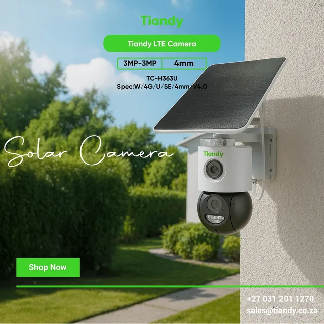Camera cu panou solar 4G Tiandy TC-H363U V4.1 3MP+3MP WLED 20m Mic Speaker MicroSD Baterie IP65 3