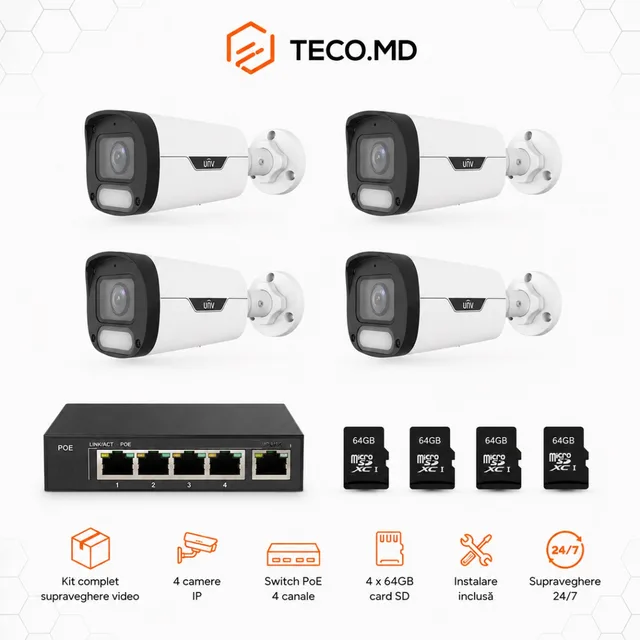 Set 4 camere Uniview 4MP cu carduri 64GB și montaj