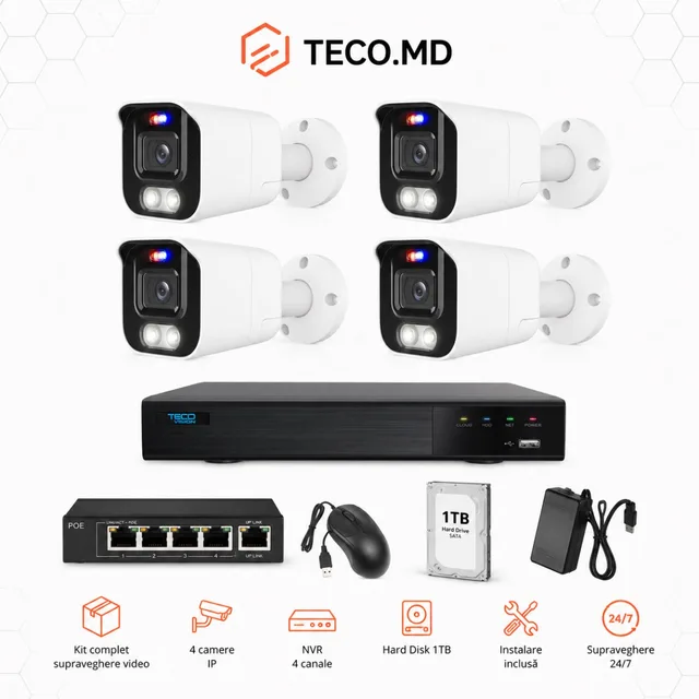 Set 4 camere IP PoE 5MP FullColor cu NVR și HDD 1TB