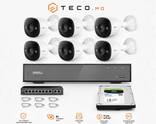 Kit 6 camere Imou 5MP PoE, NVR 10ch, HDD 1TB și montaj
